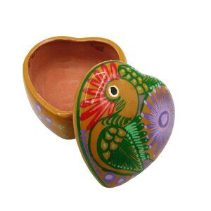 Pottery Terracotta Heart Shaped Trinket Keepsake Box Handpainted Bird Taxco Mexi